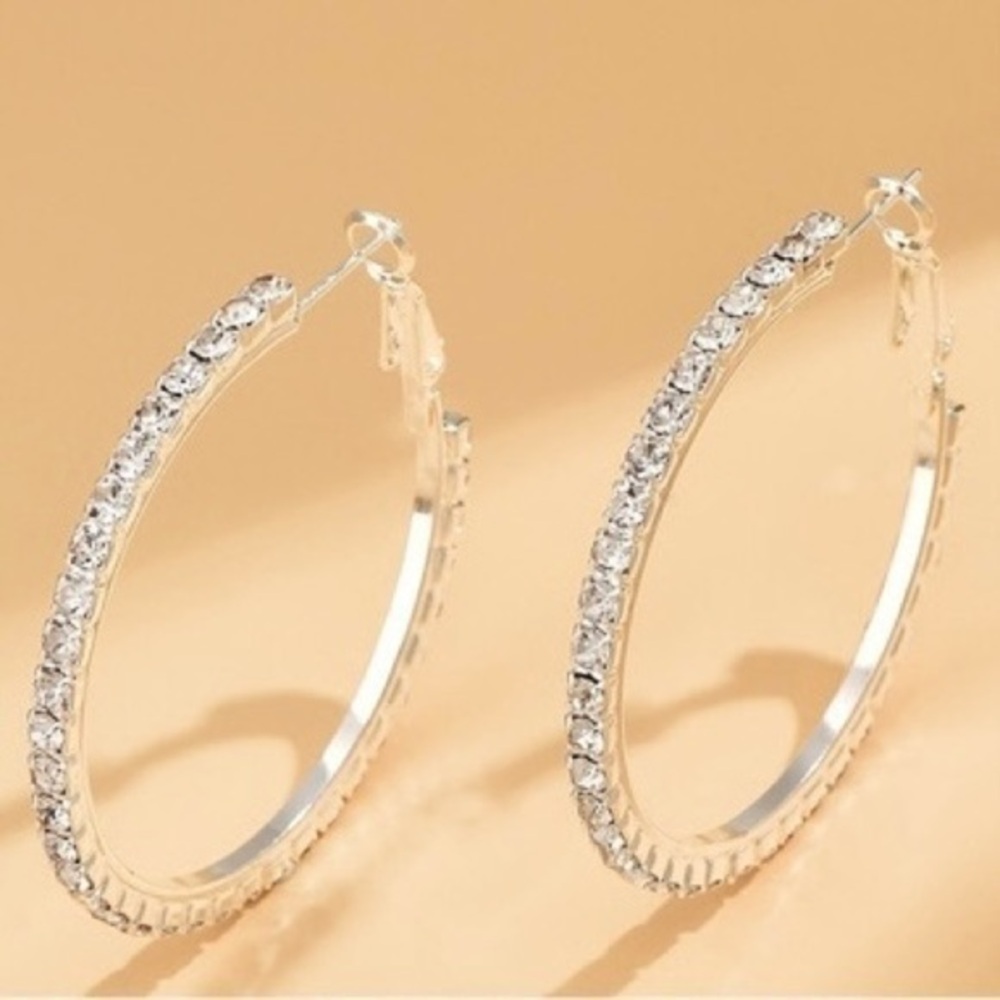 18k White Gold Plated Sterling Silver CZ Pave Stone Large Hoops Hoop Earrings